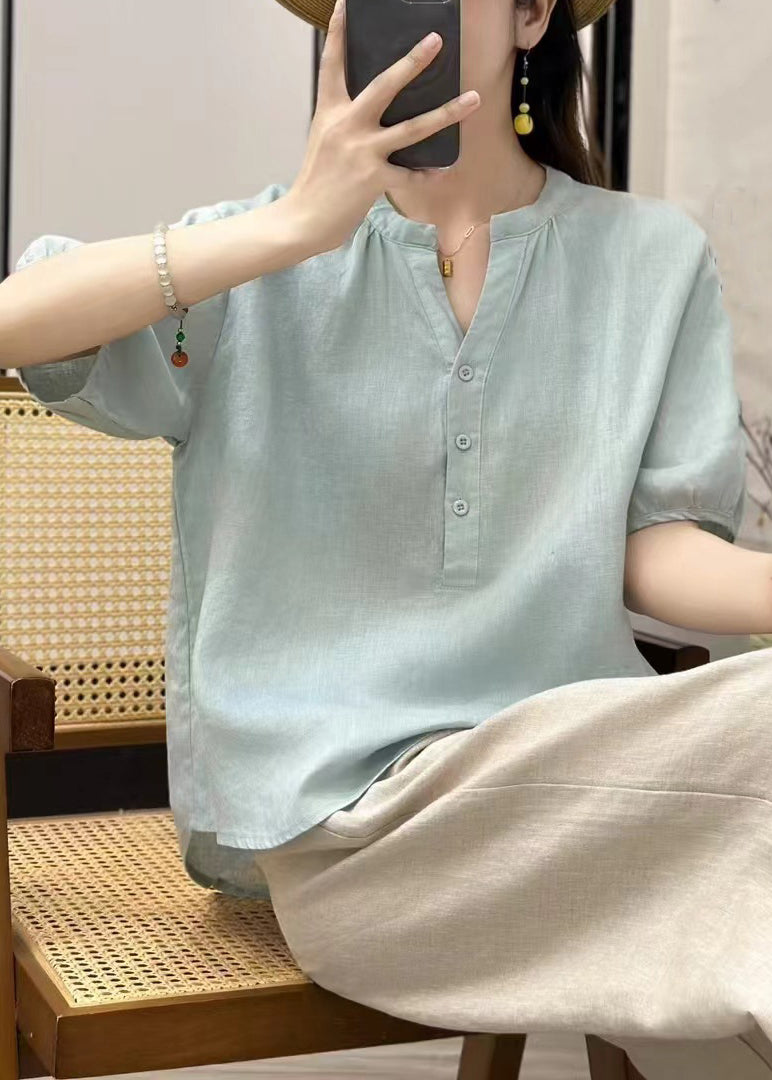 Women Sky Blue Button Solid  Loose Linen Shirt
