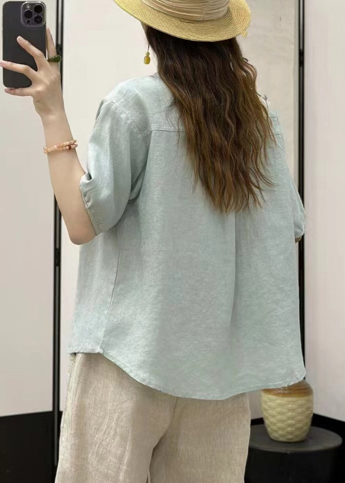 Women Sky Blue Button Solid  Loose Linen Shirt
