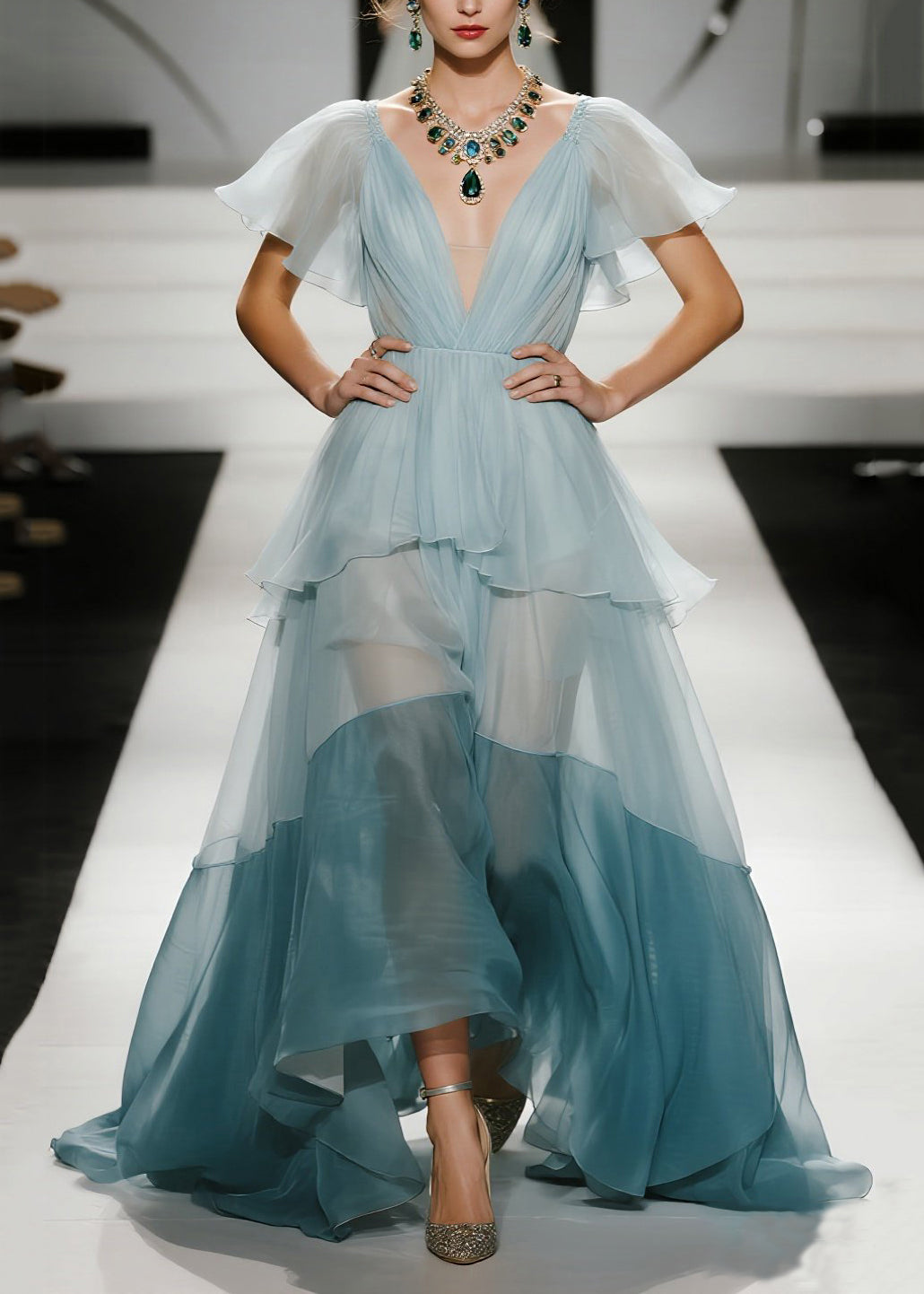 Women Sky Blue Exra Large Hem Patchwork Organza Evening Dresses Butterfly Sleeve