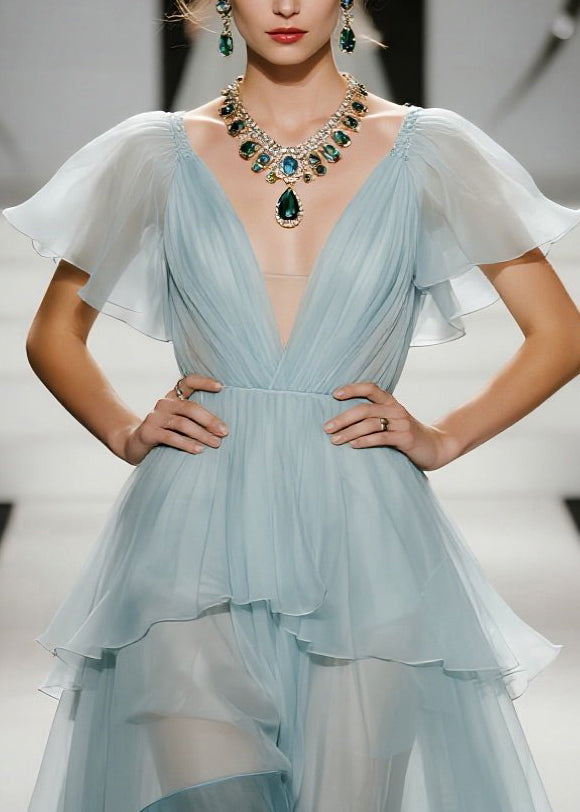 Women Sky Blue Exra Large Hem Patchwork Organza Evening Dresses Butterfly Sleeve