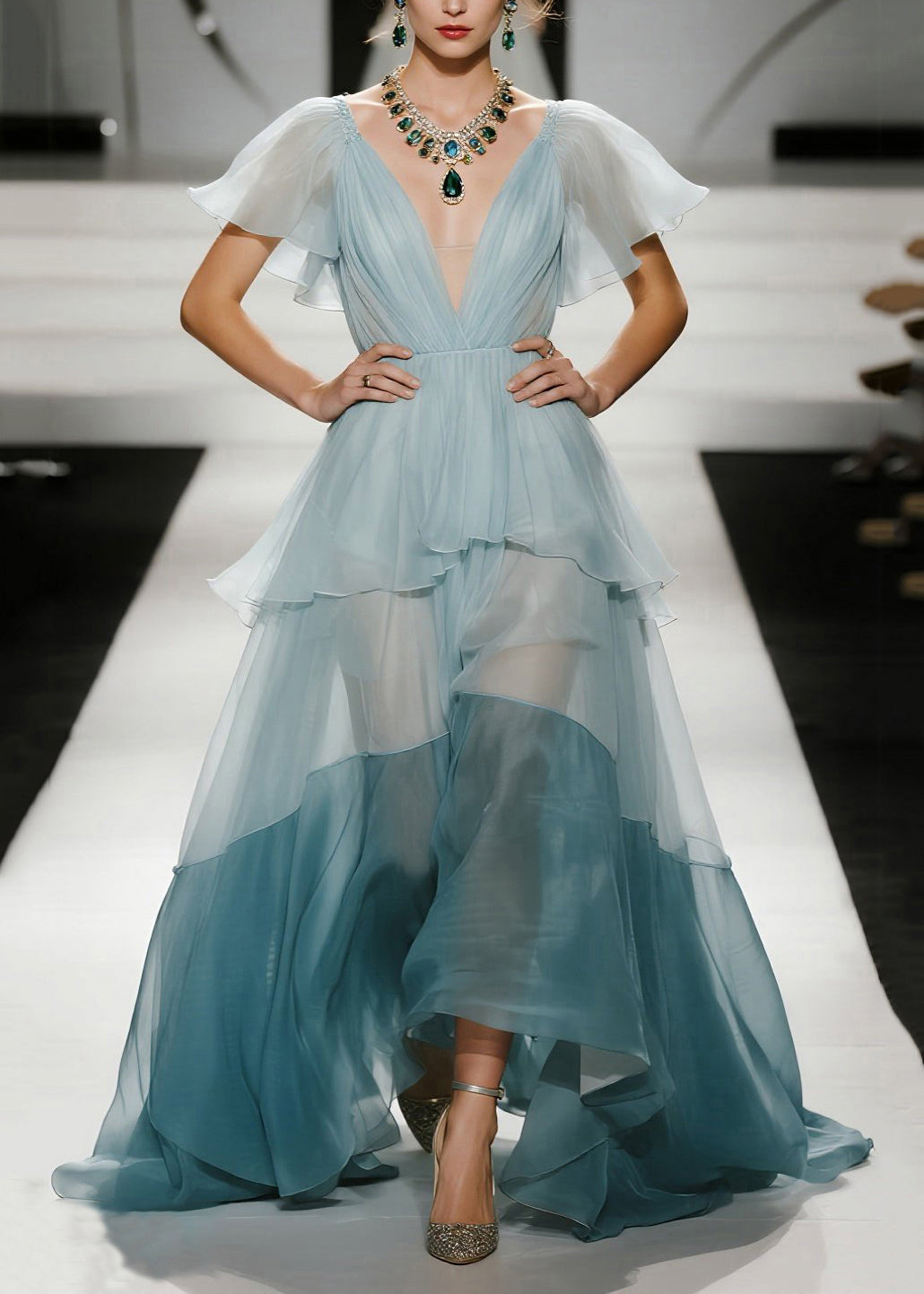 Women Sky Blue Exra Large Hem Patchwork Organza Evening Dresses Butterfly Sleeve