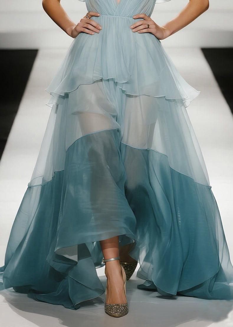 Women Sky Blue Exra Large Hem Patchwork Organza Evening Dresses Butterfly Sleeve