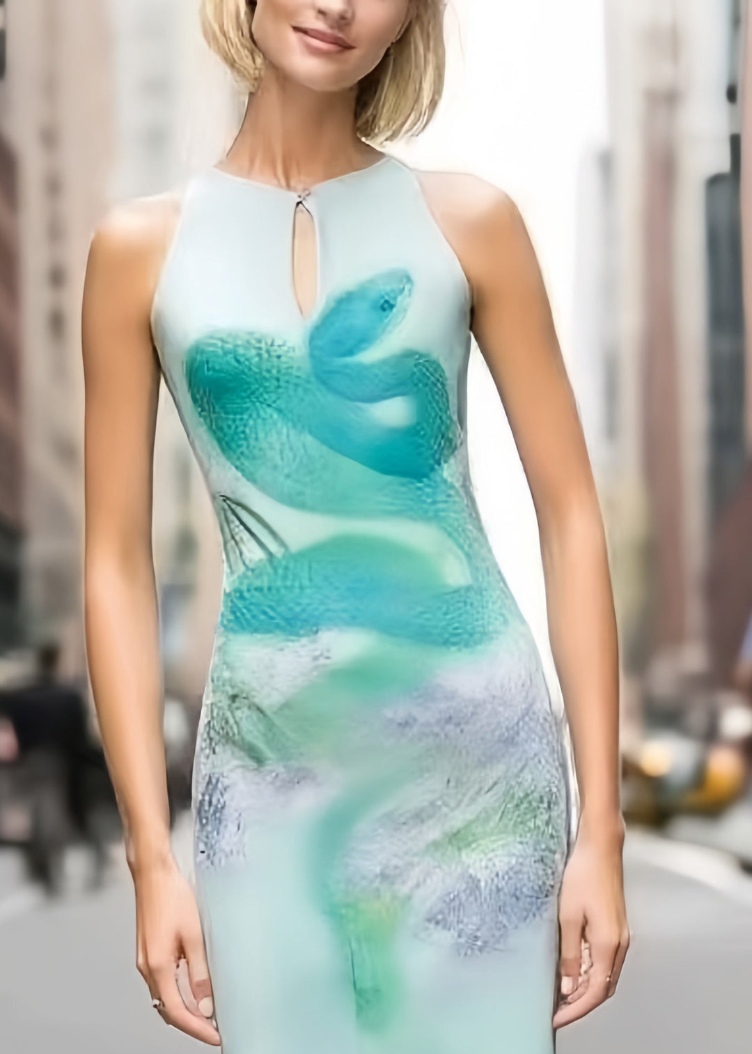 Women Sky Blue Winged Snake Print Silk Wraped Dress Summer