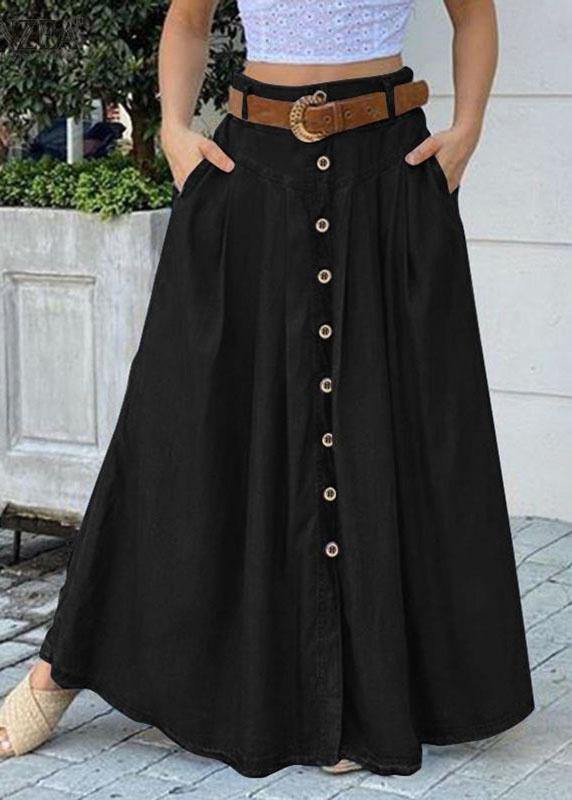 Women Solid Color Bottom Front Loose Casual Long Skirt With Pocket - SooLinen