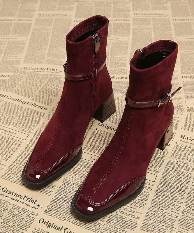 Women Splicing Chunky Boots Mulberry Suede