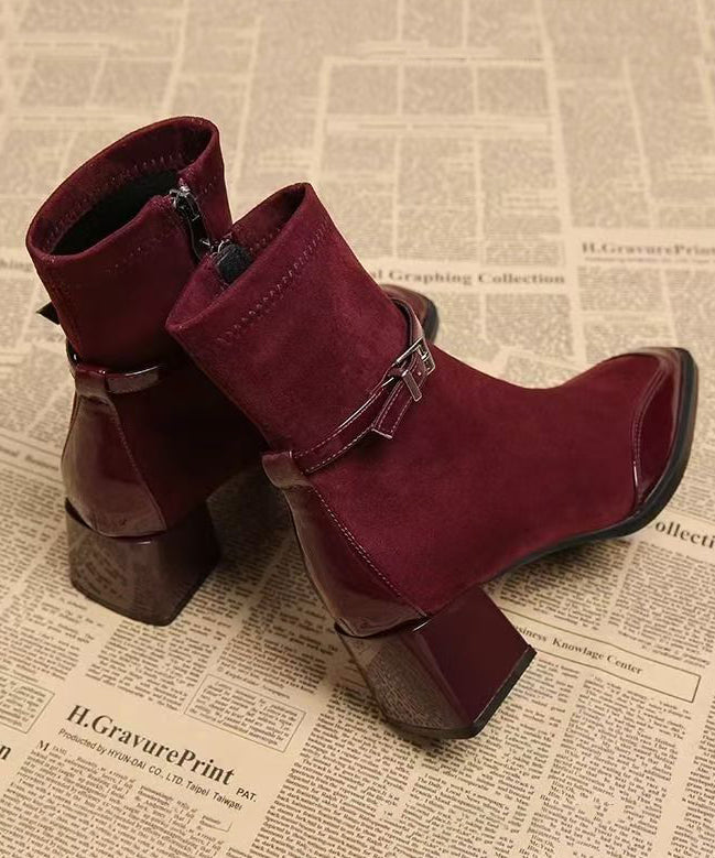 Women Splicing Chunky Boots Mulberry Suede