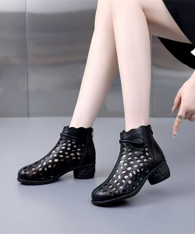 Women Splicing Chunky Boots White Faux Leather Hollow Out