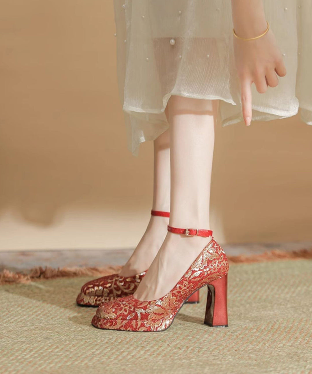 Women Splicing Chunky High Heels Champagne Faux Leather