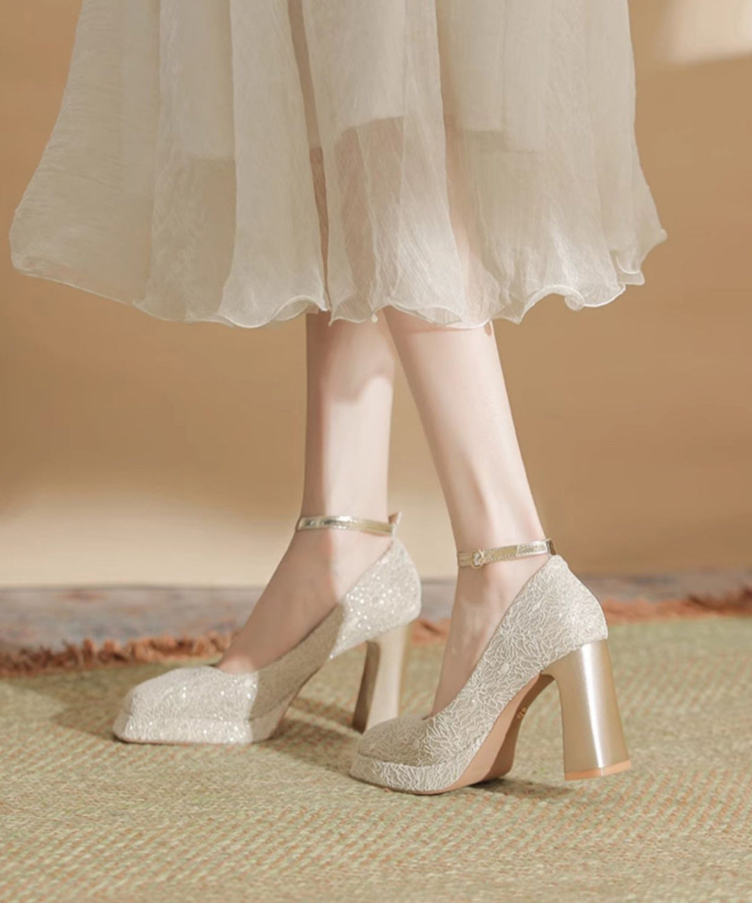Women Splicing Chunky High Heels Champagne Faux Leather