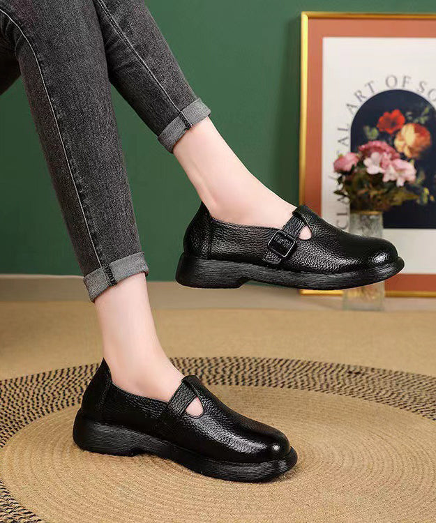 Women Splicing Comfortable Flats Black Cowhide Leather