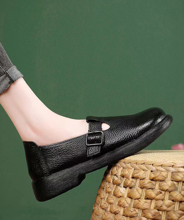 Women Splicing Comfortable Flats Black Cowhide Leather