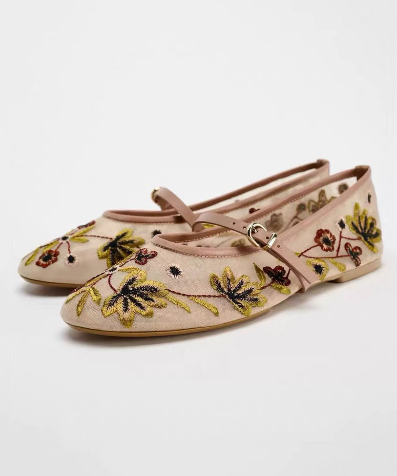 Women Splicing Flat Shoes Green Breathable Mesh Embroidered