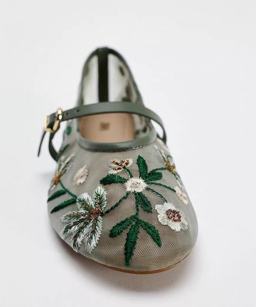 Women Splicing Flat Shoes Green Breathable Mesh Embroidered