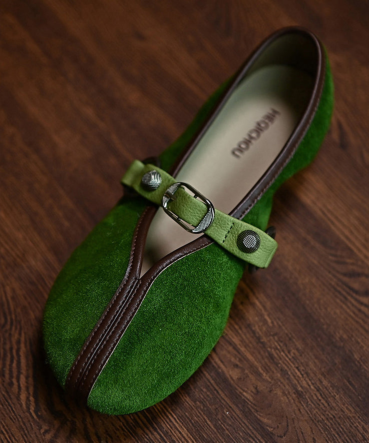Women Splicing Flats Green Suede Buckle Strap