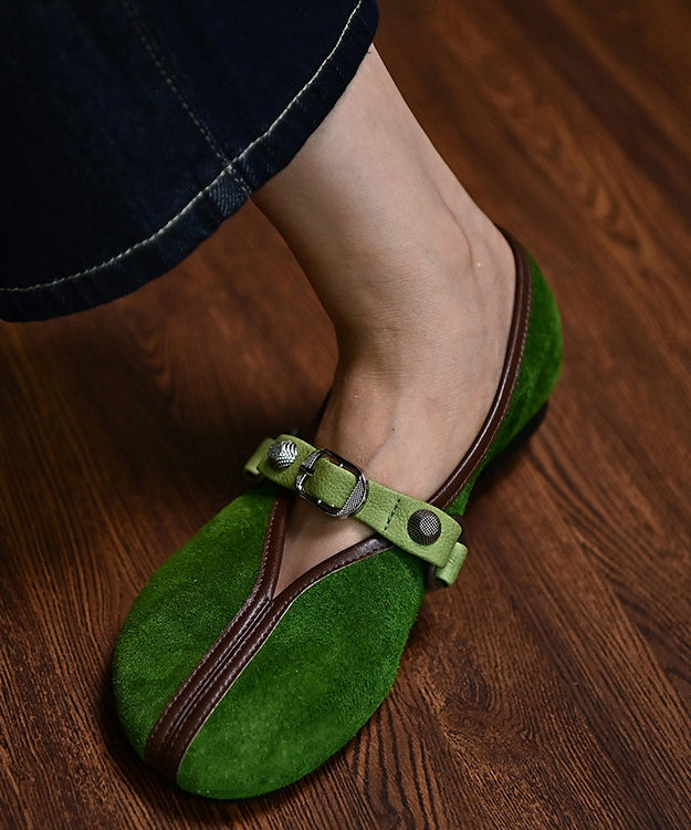 Women Splicing Flats Green Suede Buckle Strap