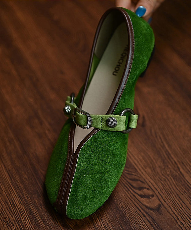 Women Splicing Flats Green Suede Buckle Strap
