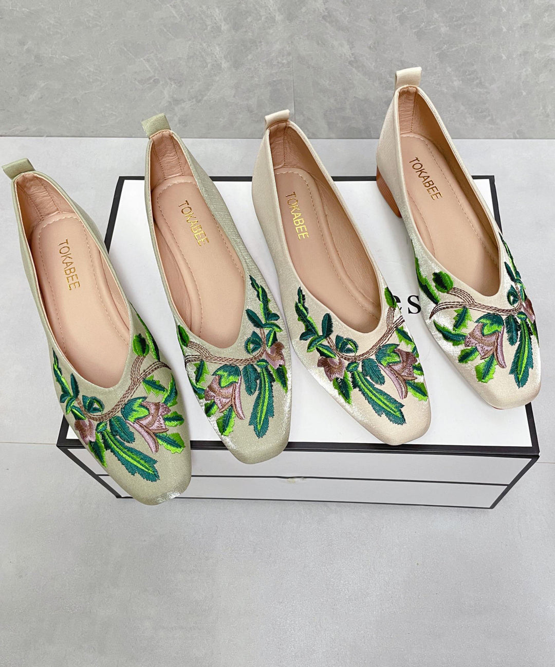 Women Splicing Green Satin Embroidered Penny Loafers