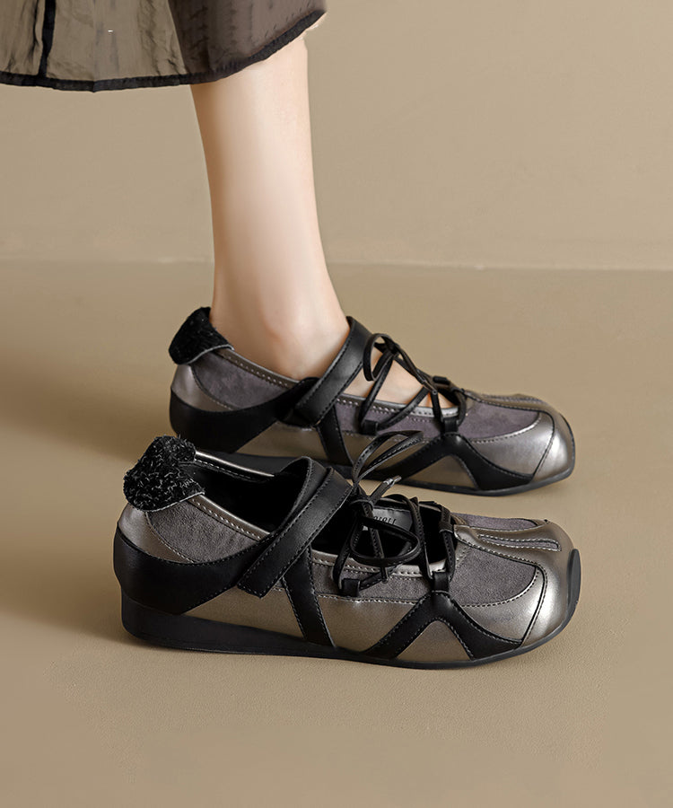 Women Splicing Platform Flat Shoes Black Cowhide Leather Lace Up