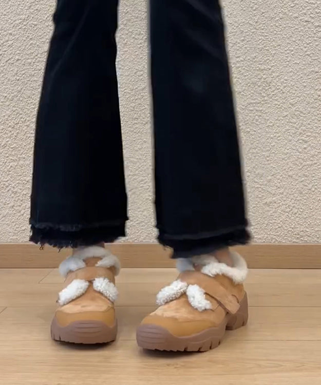 Women Splicing Platform Loafers Camel Suede Fuzzy Wool Lined