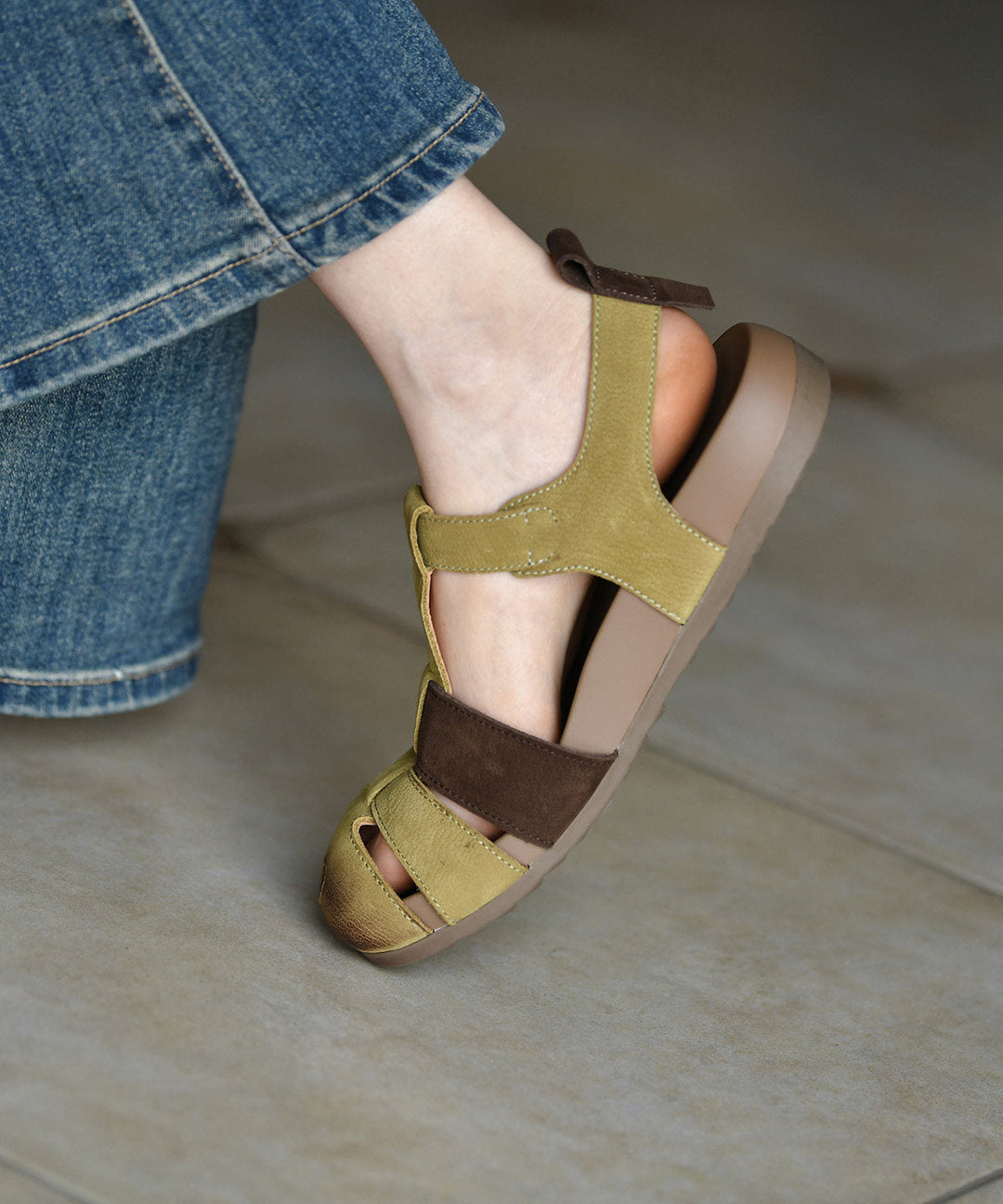 Women Splicing Sandals Green Cowhide Leather