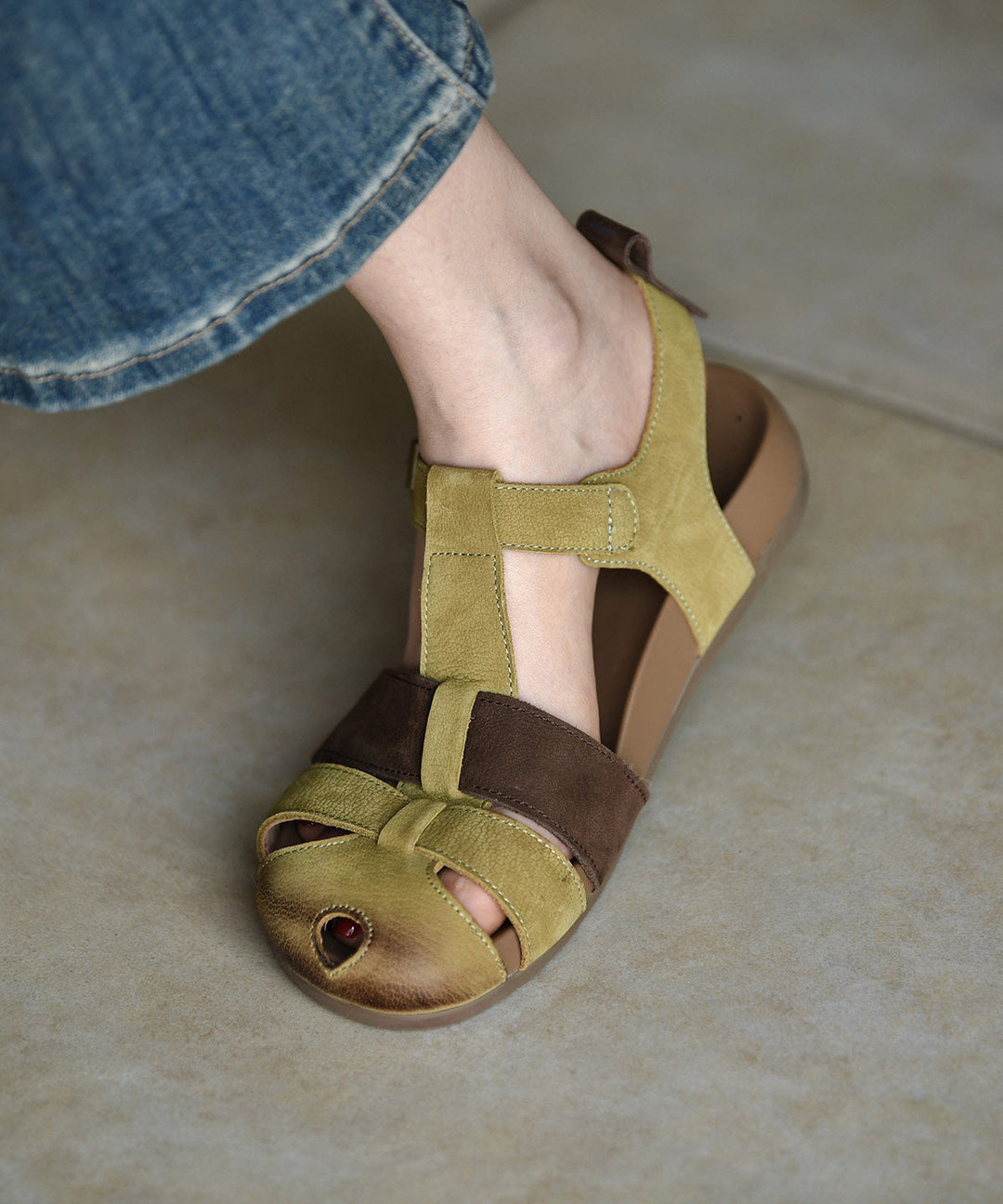 Women Splicing Sandals Green Cowhide Leather