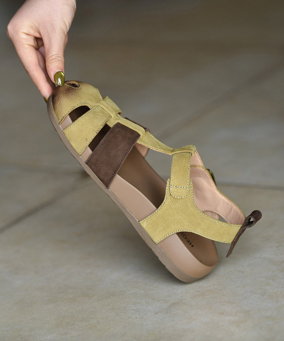Women Splicing Sandals Green Cowhide Leather