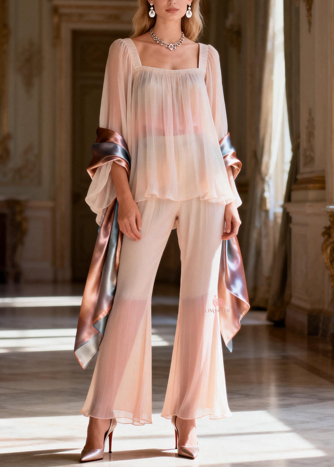 Women Square Collar Patchwork Silk Two Pieces Set Summer