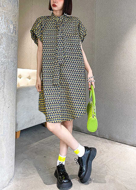 Women Stand Collar Print Cotton Day Dress Puff Sleeve