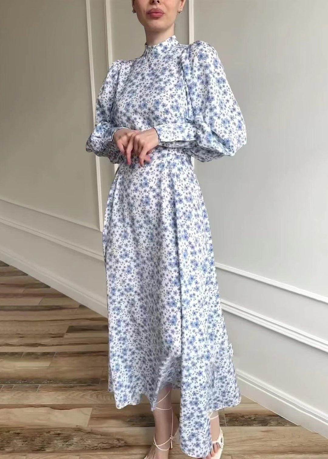 Women Stand Collar Print Lace Up Long Dress Lantern Sleeve