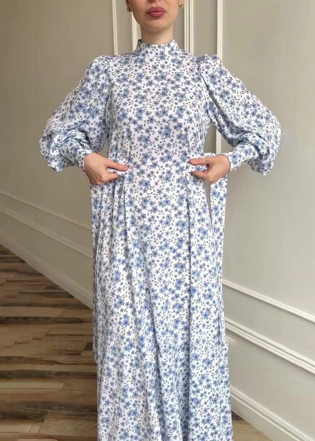 Women Stand Collar Print Lace Up Long Dress Lantern Sleeve