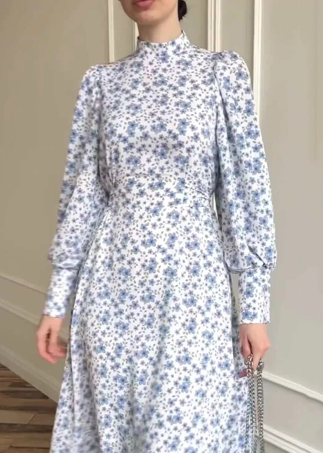 Women Stand Collar Print Lace Up Long Dress Lantern Sleeve