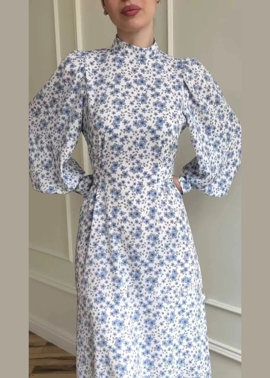 Women Stand Collar Print Lace Up Long Dress Lantern Sleeve