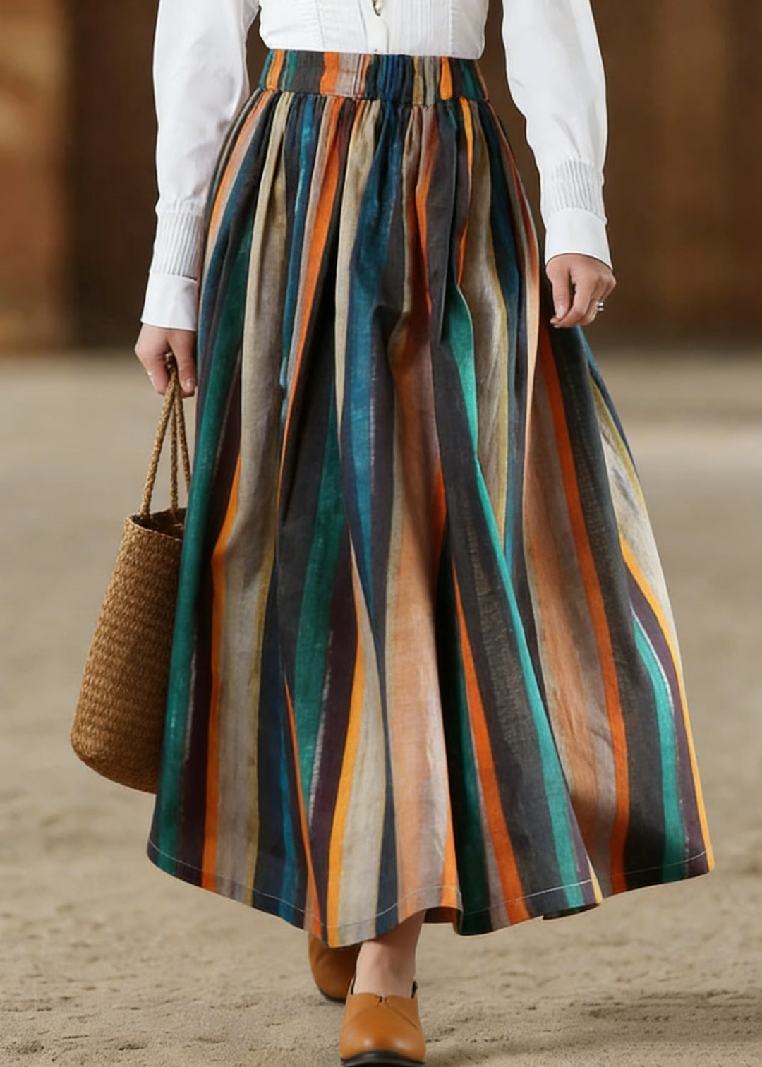 Women Striped A Line Retro Print Skirts Linen