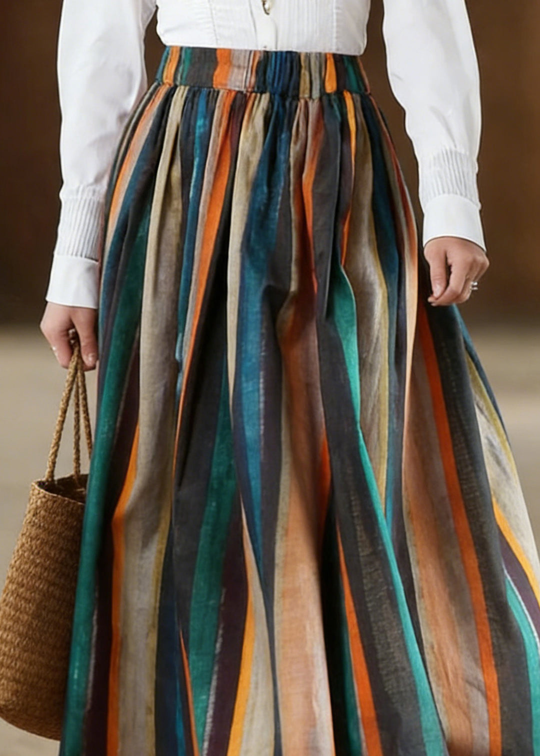 Women Striped A Line Retro Print Skirts Linen