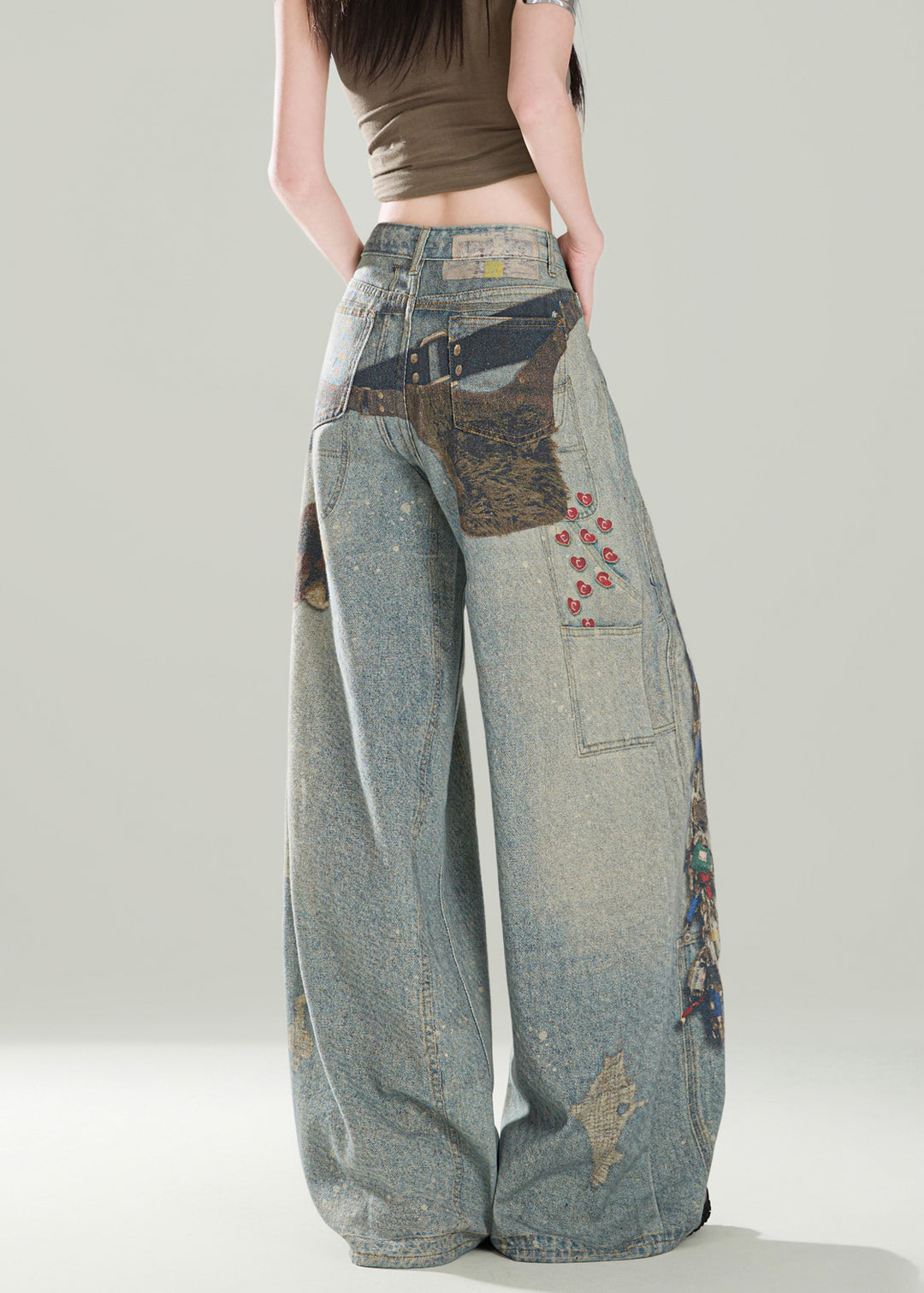 Women Stylish Blue Pockets Print Denim Wide Leg Pants Fall
