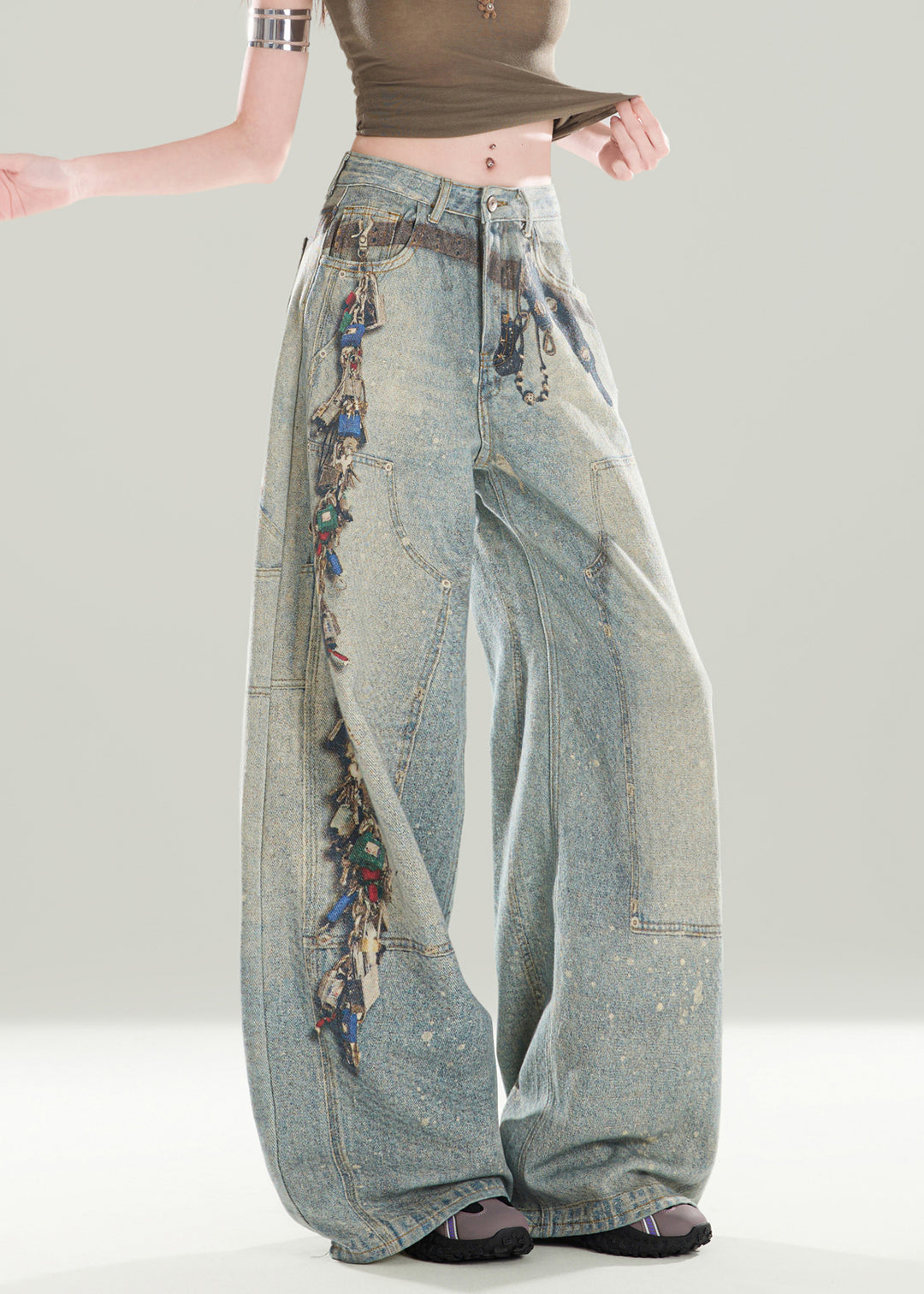 Women Stylish Blue Pockets Print Denim Wide Leg Pants Fall