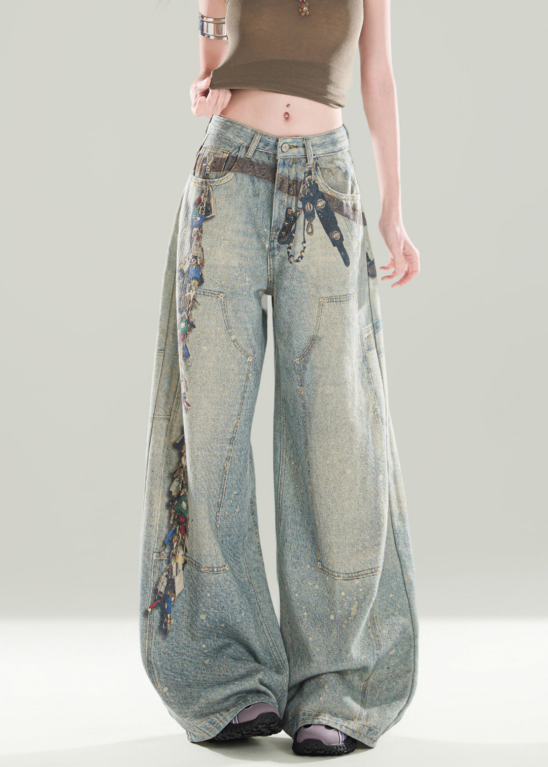 Women Stylish Blue Pockets Print Denim Wide Leg Pants Fall