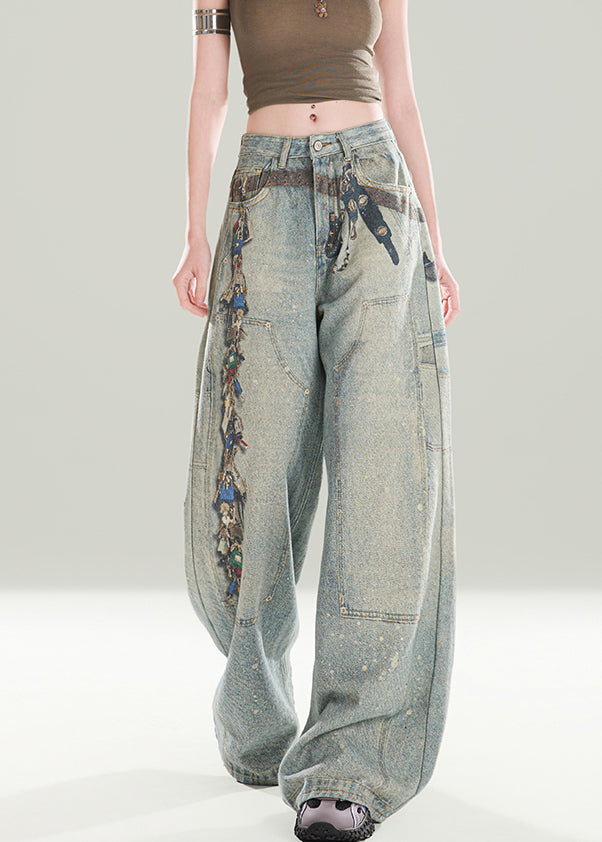 Women Stylish Blue Pockets Print Denim Wide Leg Pants Fall