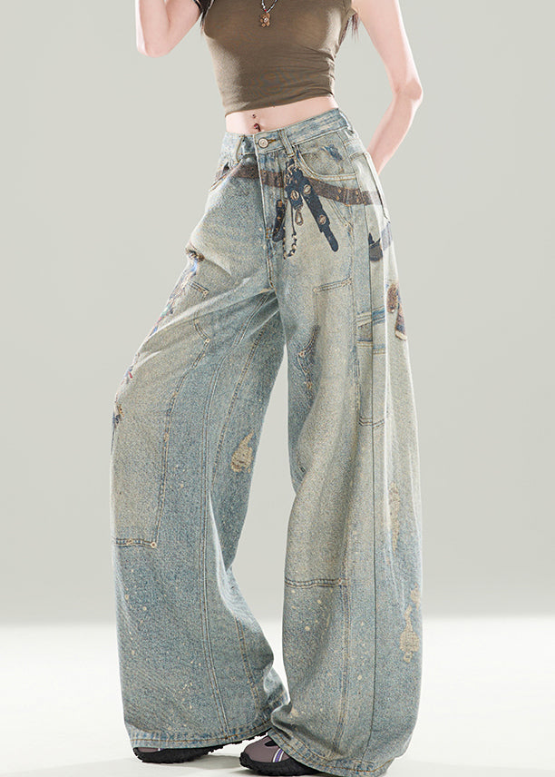 Women Stylish Blue Pockets Print Denim Wide Leg Pants Fall
