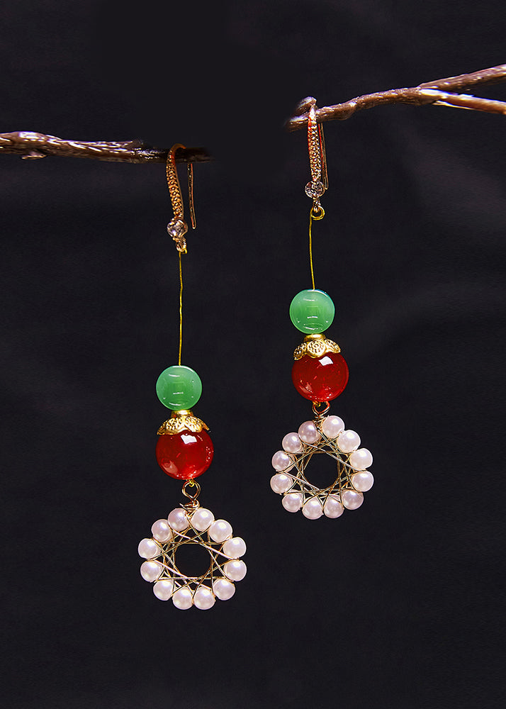 Women Sunflower Pearl Coral Long Drop Earrings - Omychic