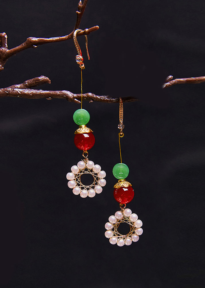 Women Sunflower Pearl Coral Long Drop Earrings - Omychic