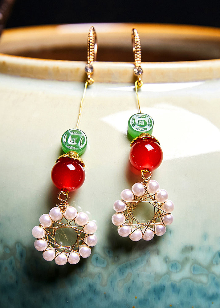 Women Sunflower Pearl Coral Long Drop Earrings