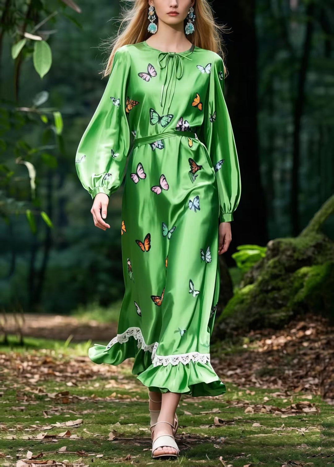 Women Tea Green Butterfly Silk Robe Dresses Spring
