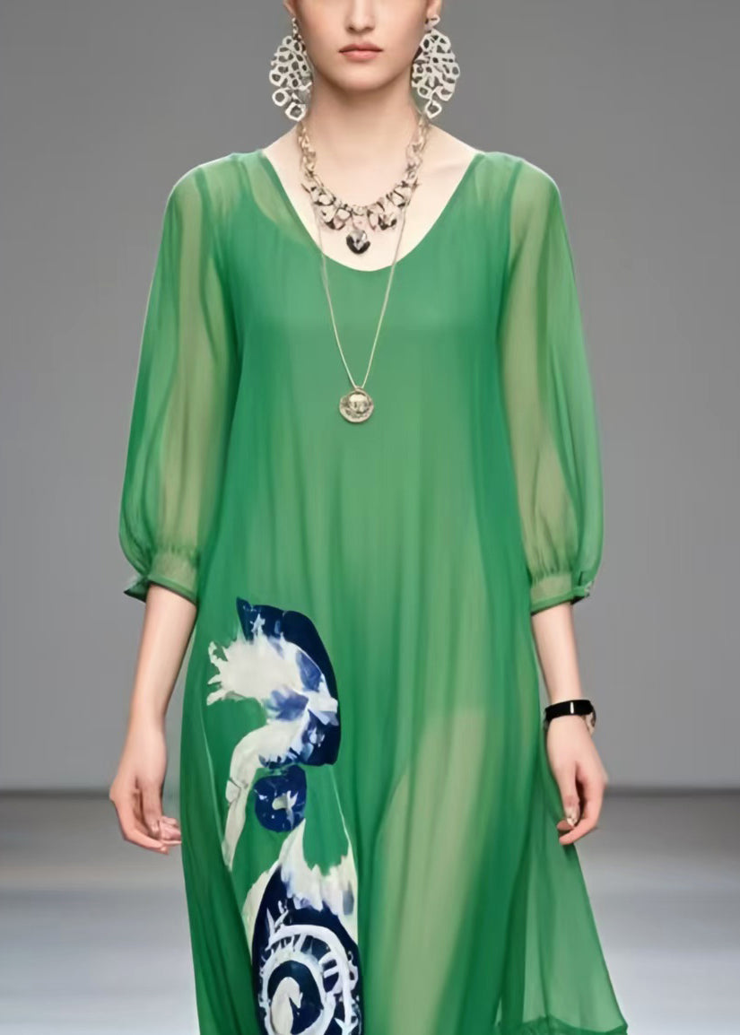 Women Tea Green Oversized Print Chiffon Beach Dress Summer