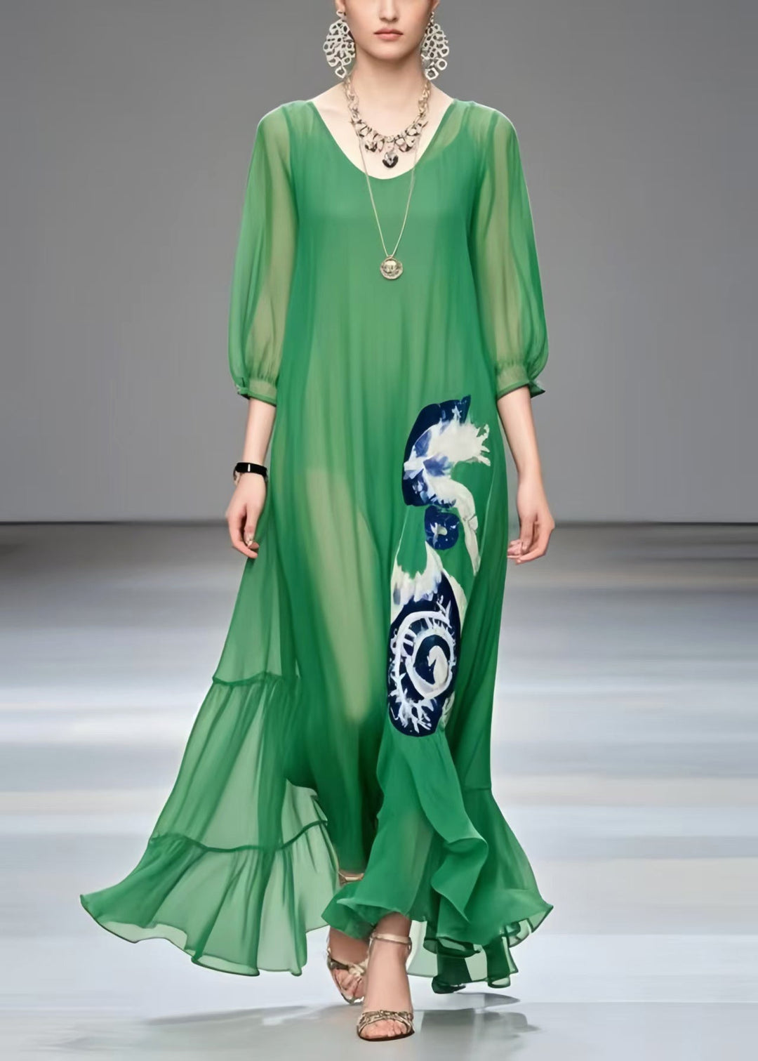 Women Tea Green Oversized Print Chiffon Beach Dress Summer