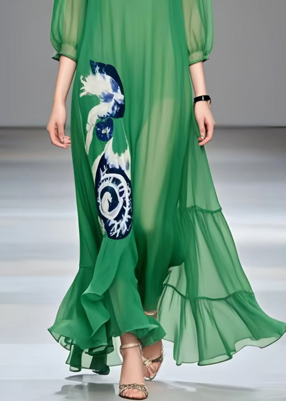 Women Tea Green Oversized Print Chiffon Beach Dress Summer