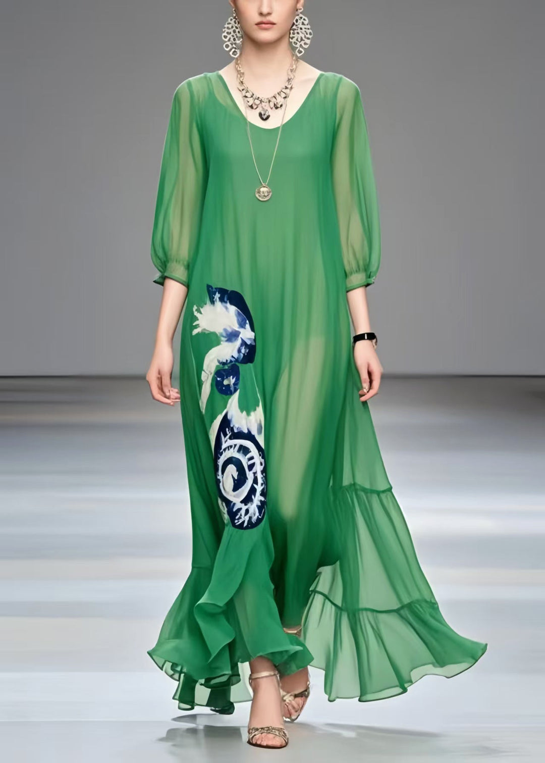 Women Tea Green Oversized Print Chiffon Beach Dress Summer