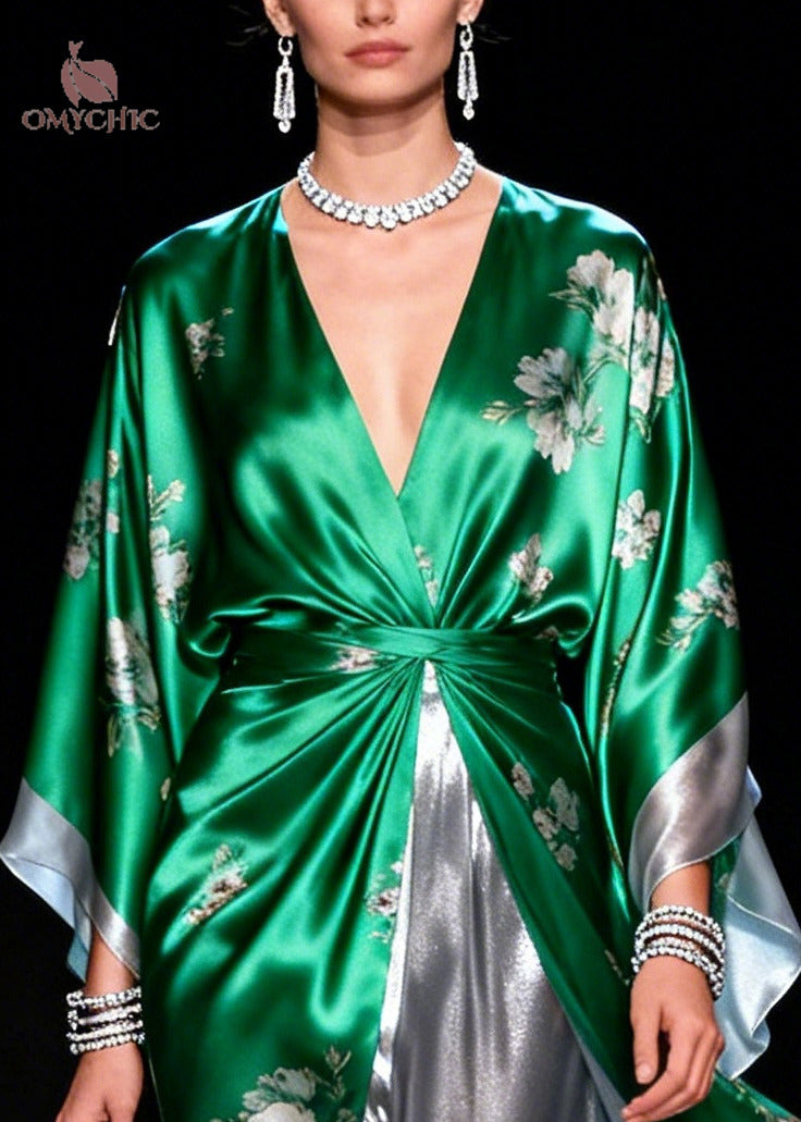 Women Tea Green Print Patchwork Chiffon Long Dress Summer