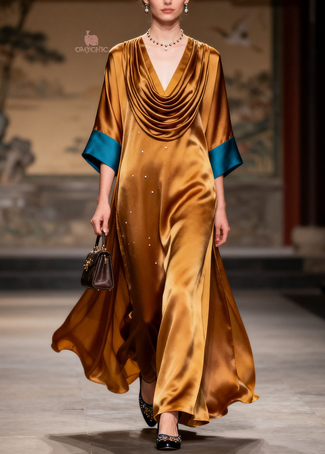 Women Turtle Neck Patchwork Silk Long Dress Summer