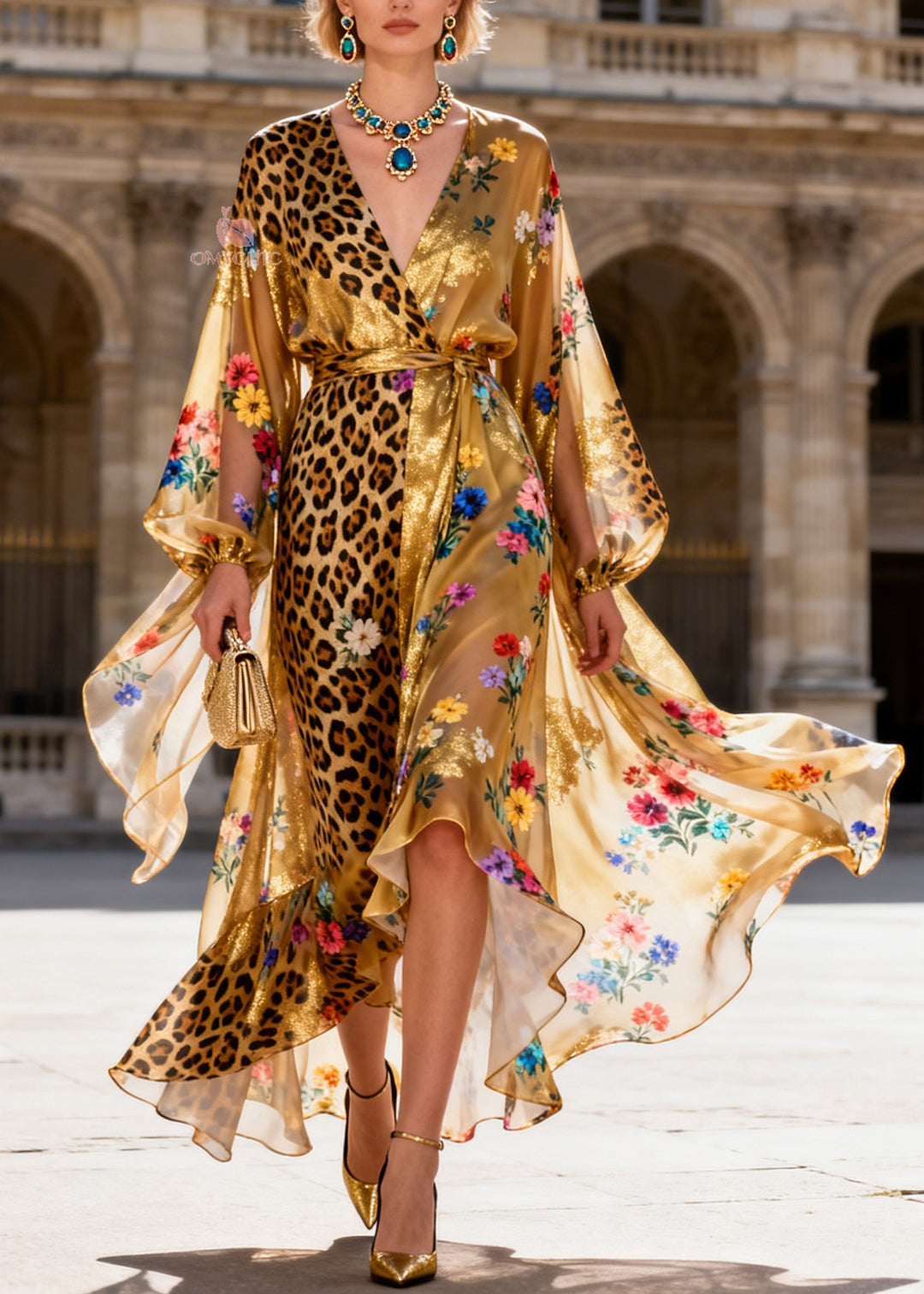 Women V Neck Asymmetrical Design Patchwork Silk Ankle Dress Dresses Summer